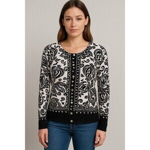Perrs New York Women’s Black White Cardigan Sweater Beaded Design Size M
